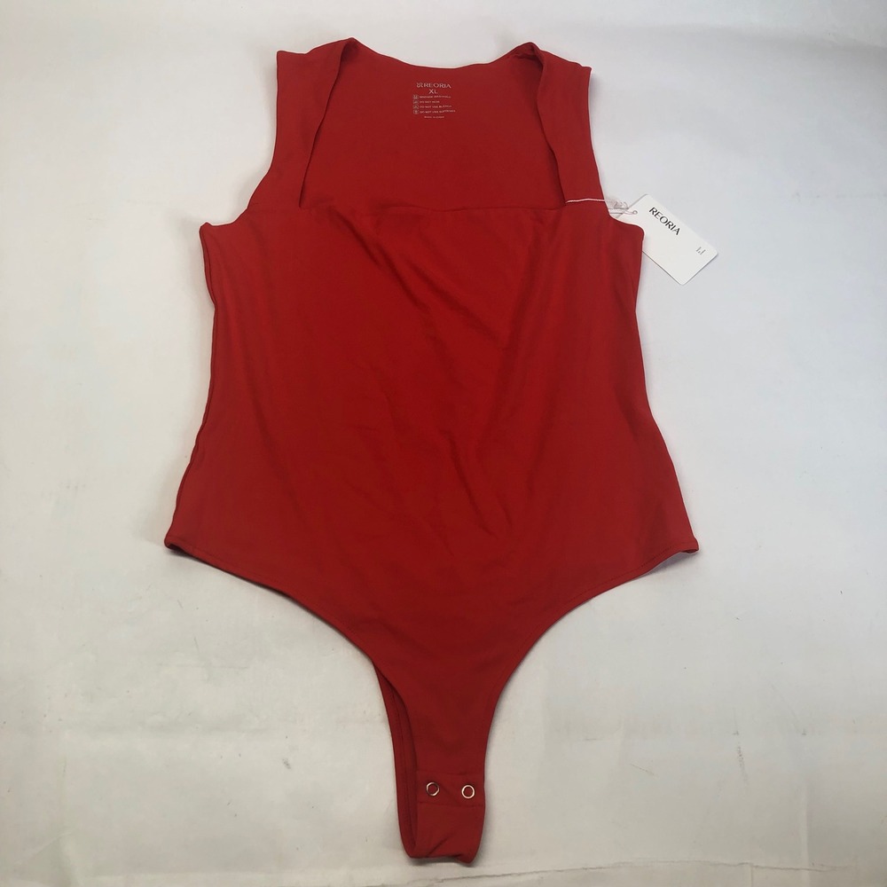 Reoria Red Bodysuit XL Sleeveless Square‎ Neck Snap Crotch Casual Top NWT